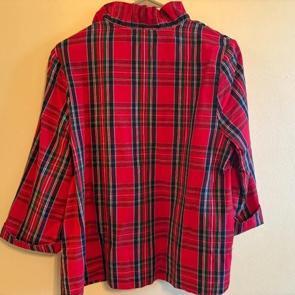 Red plaid printed split neck top - Picture 2 of 3
